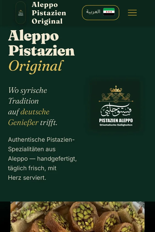 aleppo-pistazien.de homepage in German and Arabic