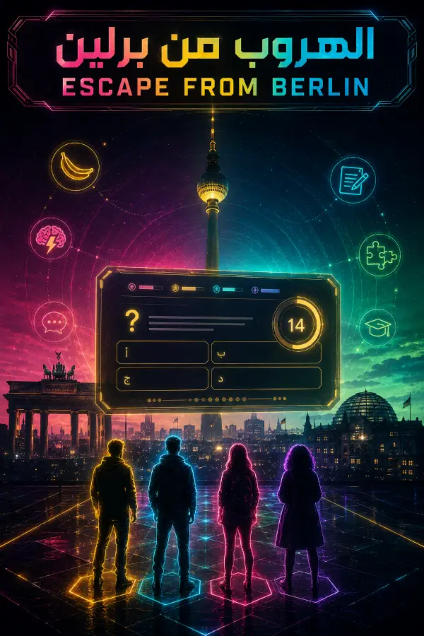 Escape from Berlin key art — bilingual quiz interface over the Berlin skyline