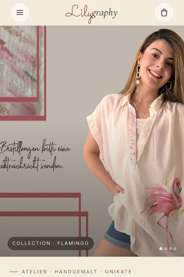 Lilygraphy homepage — hand-painted flamingo shirt hero